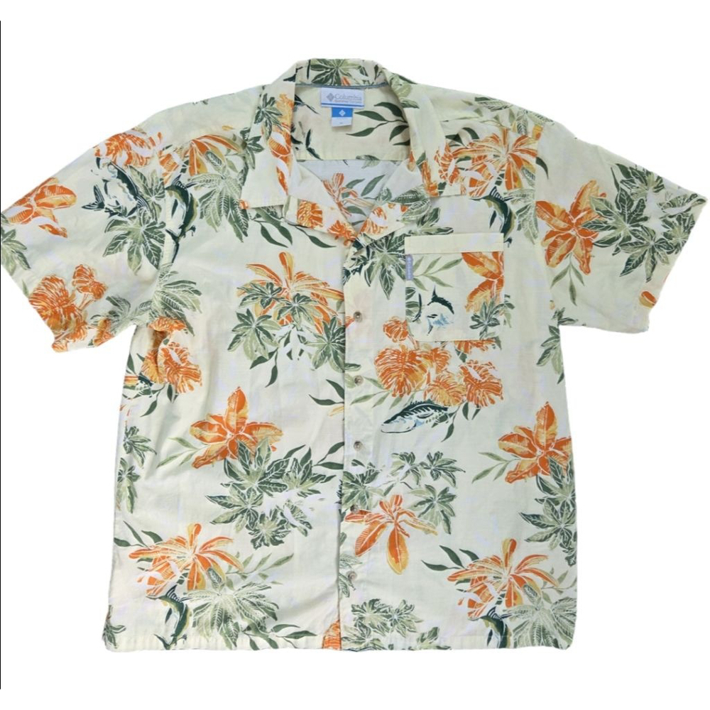 Men's Columbia Hawaiian Shirt Green/Orange/Tan Size XL